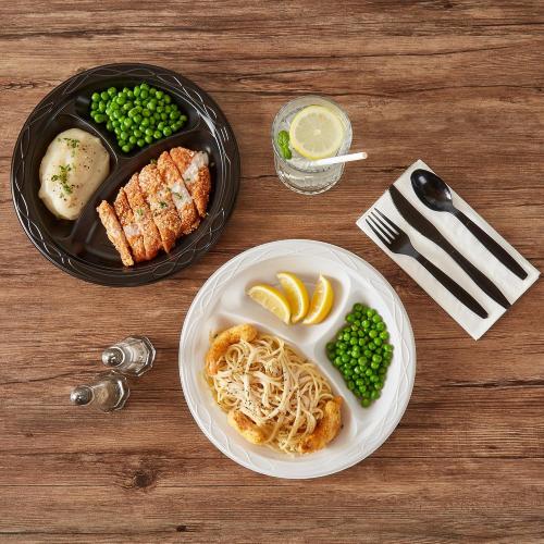 Restaurantware-RW Base 10.4 Inch Microwavable Food Plates, 150 Round Plastic Plates - 3 Compartments, Disposable, White Plastic Dinner Plates, Serve Hot And Cold Foods, For Restaurants And Cafes