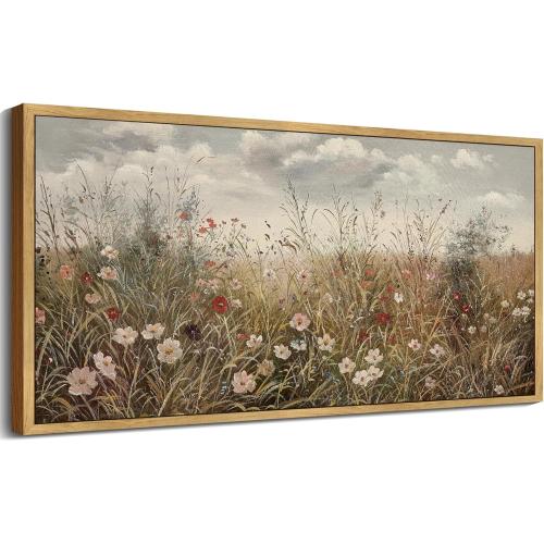 SHENIFY Vintage Landscape Framed Wall Art Meadow with Flowers Farmhouse Decor Retro Wildflower Field Scenery Painting for Hallway Bedroom Living Room Dining Room - 20x40in Natural Framed