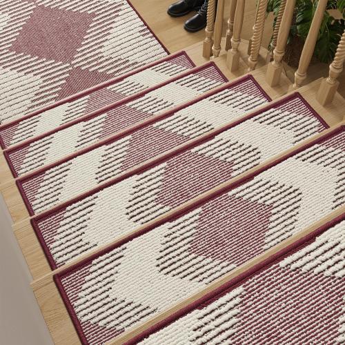 PADOOR 15PC Stair-Treads Non Slip, 3D Peel and Stick Stair Treads for Wooden Steps Indoor, Stair-Carpet Treads Washable Reusable Adhesive Stair-Runner Rugs for Kids and Dogs 8x30 Red
