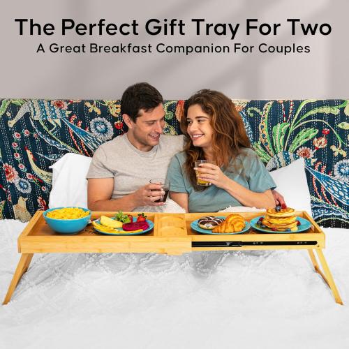 Breakfast Bed Table Tray for Two - One Piece, Dual Use Couple Bed Tray with Cup recesses - Food Trays for Eating on Couch, Space Saving Breakfast Table - Gift Ready - Acacia Wood