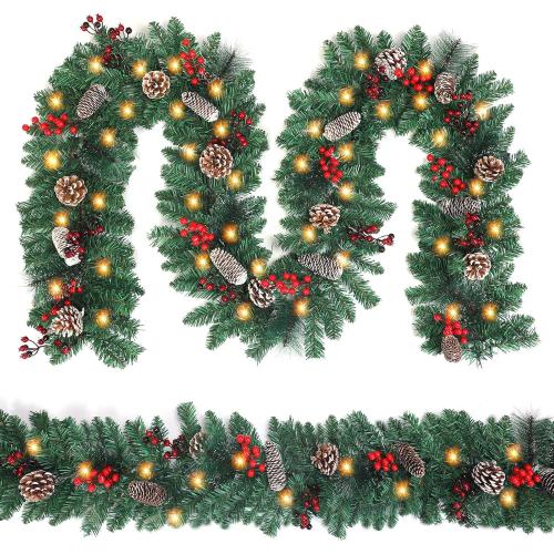 9FT Christmas Garland，Battery Operated Lighted Garland with Pine Cones Red Berries Lush Branches，50 LED Lights 8 Modes，Christmas Decorations