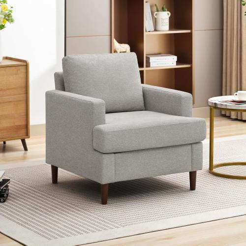 Light Grey Mid-Century Accent Chair,Modern Linen Fabric Armchair for Living Room,Comfy Upholstered Reading Accent Chairs for Bedroom,Single Sofa Chair with Wood Legs (Light Grey, 1 Pack)