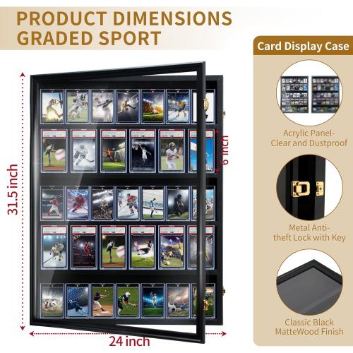 Baseball Card Display Case-35 Graded Sports Card Display Frame,UV-Protected Transparent Visual Lockable Wall Cabinet for Football Baseball Basketball Hockey Trading Cards,Large Vertical Black