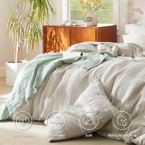 Bedsure Waffle Weave Duvet Cover King - 100% Cotton Boho Duvet Cover with 2 Pillowcases - Linen Color Textured Comforter Cover with Zipper Closure (King, 104x90)