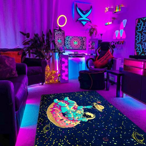 Astronaut Area Rug Black Light, Large UV Reactive Glow in The Dark Space Rug, Non-Slip Fluorescent Rug for Bedroom Living Room Home Decor 70×47×0.39
