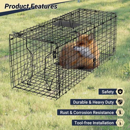 Humane Large Animal Trap Black 42 x 15.7 x 17.7 inch, Easy to Set & Release Animal Trap Cage, Collapsible Live Traps for Dogs, Raccoons, Foxes, Coyotes