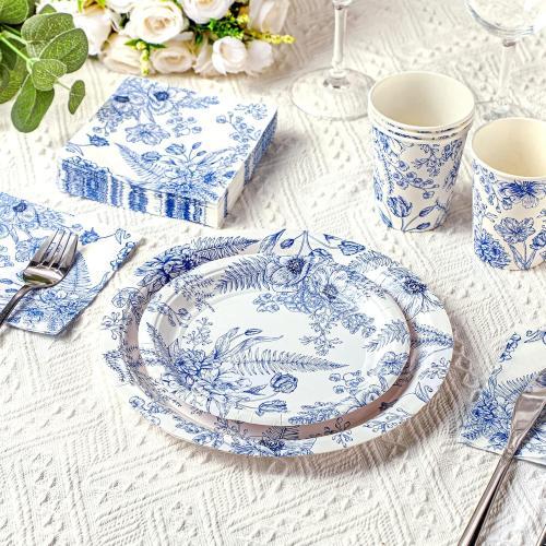 Dandat 250 Pcs Blue Floral Paper Plates and Napkins Blue Bridal Shower Tea Party Decorations Blues White Floral Tableware Set for 50 Guests Disposable Plates Napkins Cups Wedding Baby Bridal Shower
