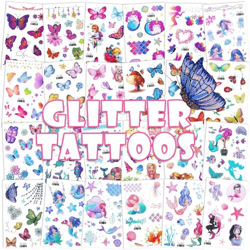Konsait Glitter Temporary Tattoos for Kids,  Butterfly Mermaid Fairy Flowers Tattoo Stickers, Waterproof Fake Tattoos for Birthday Favors, Goodie Bags Stuffers & Party Accesorries
