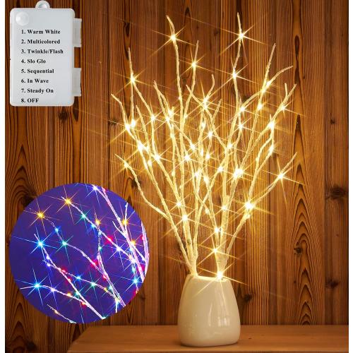 Hairui Lighted Birch Branches Battery Operated 70L 18IN Warm White and Multi Color Fairy Lights 8 Function for Halloween Home Christmas Decor