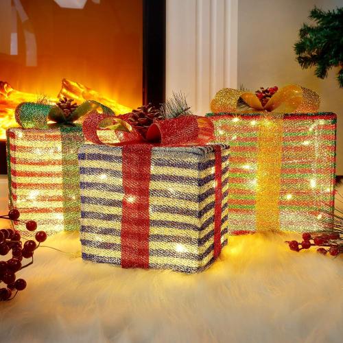 Lulu Home Christmas Lighted Boxes, 60 LED Light Up Collapsible Deocr Indoor Outdoor, Plug in Light Up Christmas Boxes Present Decorations Indoor Outdoor Yard