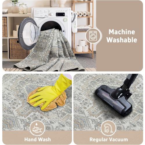 Beige 8x10 Machine Washable Rugs Area Rugs for Living Room,Ultra Soft Low Pile Retro Rugs for Bedroom,Dining Room,Large Non Slip Carpet Vintage Distressed Accent Rug for Farmhouse Office Home Decor