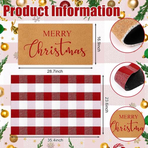 Duraaamo 2 Pcs Christmas Doormat Merry Christ Non Slip Outdoor Rug Xmas Welcome Layered Buffalo Floor Mats for Front Porch Entryway(Red White,Plaid)