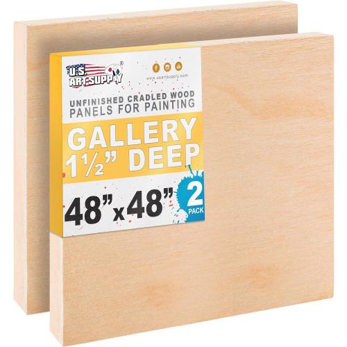 U.S. Art Supply 48 x 48 Unfinished Cradled Wood Panels for Painting, Gallery 1-1/2 Deep (2 Pack) - Artist Depth Wooden Wall Canvases - Mixed-Media Craft, Acrylic, Oil, Encaustic, Paint Pouring