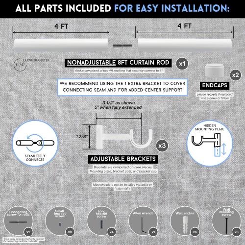 BlastHome® Non-Adjustable Luxury Curtain Rods for Windows, 1 ¼” Rod Set, 8 foot Fixed Length (Two Rods Connect for a Seamless Look), Brushed White