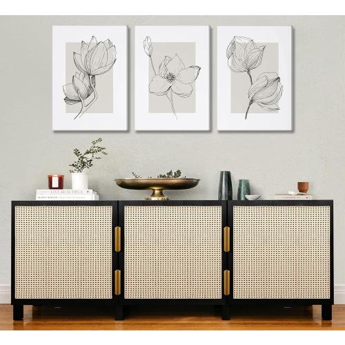 3Pcs Neutral Botanical Canvas Wall Art Beige Simple floral Painting Pictures Wall Decor Vintage Line flower Poster Print Artwork for Living Room Bedroom Bathroom Scene Home Decoration