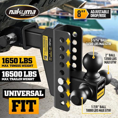 Adjustable Drop Hitch, 8 Inch Drop Trailer Hitch,Tri-Ball(1-7/8'', 2'', 2-5/16'') Hitch, Fits 2-Inch Receiver, Max 16,500 LBS GTW-Truck Trailer Hitch with Double Anti-Theft Pins Locks
