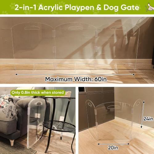 Dog Gate, Clear Acrylic Pet Gate for Dogs, Free Standing Pet Gates for Doorways, Folding Freestanding Puppy Doggy Cat Fence Inside, Dog Barriers for Home 3 Panel