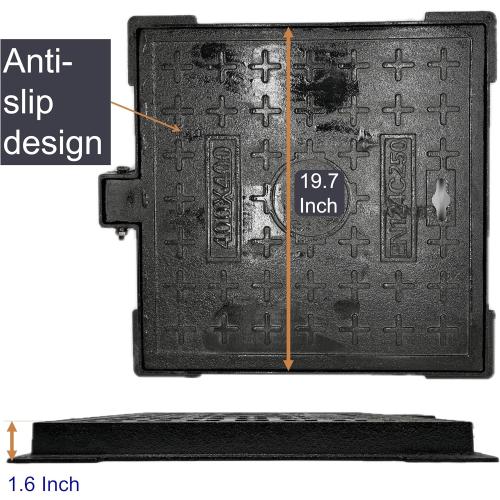 Cast Iron Manhole Cover and Frame 20x20, B Class Black Septic Tank Lid with Base, Square Sewage Basin Cover, Heavy Duty Metal Inspection Cover for Driveway, Concrete, Yard (19.7X19.7)