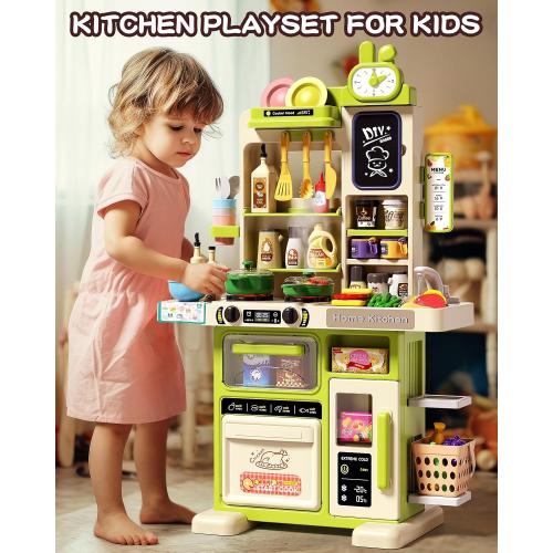 33.8IN - 70PCS Kids Kitchen Playset with Sound & Light - Cooking Stove with Steam, Play Sink and Toy Kitchen Accessories - Pretend Kitchen Play Food Toys for Kids Boys Girls - Toddler Play Kitchen Set