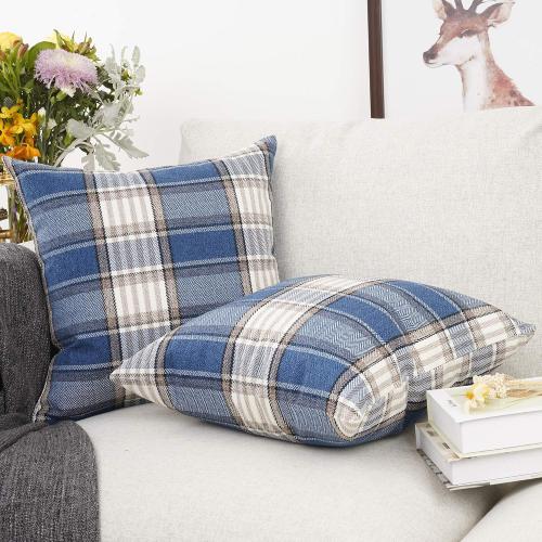 YOUR SMILE Retro Farmhouse Outdoor Buffalo Tartan Chequer Plaid Cotton Linen Decorative Throw Pillow Case Cushion Cover Pillowcase for Sofa,Set of 2,Blue/Stripe