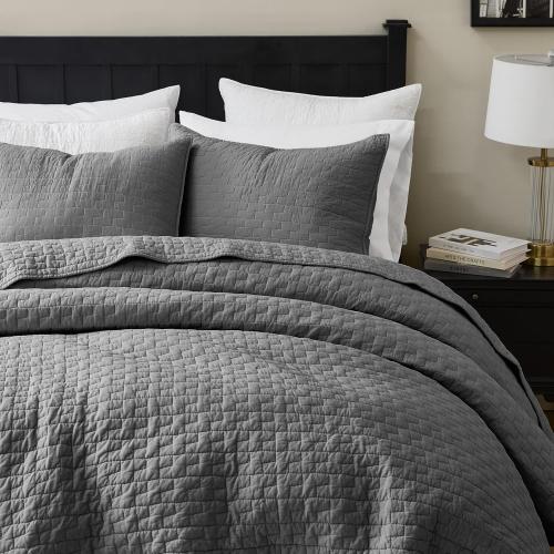 palassio Dark Grey 100% Cotton Quilt Queen Size Bedding Sets with 2 Pillow Shams, Textured Lightweight Soft Bedspread Shabby Chic Coverlet, Quilted Comforter Bed Cover for All Season, 3 Pieces