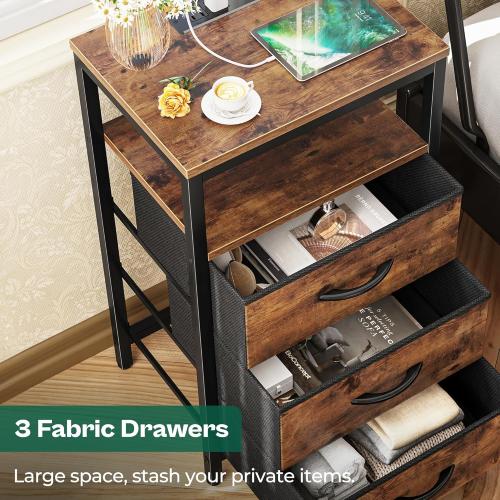 Size 27.6 Color brown Huuger Nightstand with Charging Station, 27.6 Inch Bedside Table with Fabric Drawers, End Table with USB Ports and Outlets, Night Stand for Bedroom, Rustic Brown