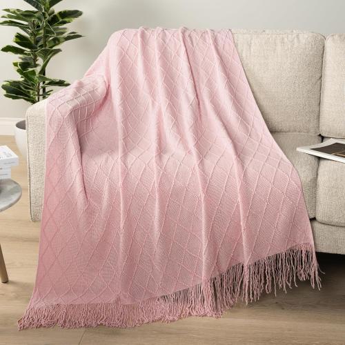 PAVILIA Light Pink Knit Throw Blanket for Couch Bed, Soft Knitted Farmhouse Sofa Throw for Living Room, Lightweight Decorative Summer Throw Blanket for Chair, Outdoor Textured Boho Blanket, 50x60
