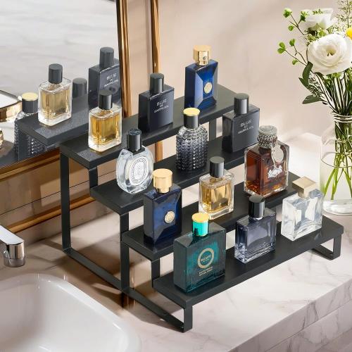 Wood Cologne Organizer for Men,12 Inch 4 Tier Cologne Stand Waterproof Perfume Organizer for Dresser with Anti-Slip Washers,Wooden Display Risers Stand for Party,Makeup,Figures,Cupcake,Perfume,Dessert