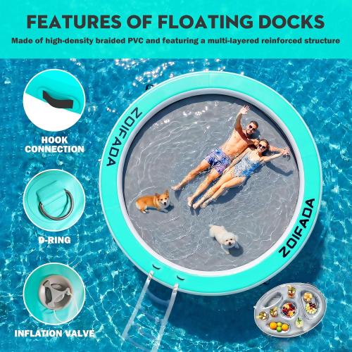 Inflatable Water Hammock Round Floating Ring,8/10/12FT Heavy Duty Pool Float for Adults,Inflatable Tanning Pool Float Island Dock for Lake/River/Ocean,w/Cup Holder,10FT&12FT Include 4-Step Soft Ladder