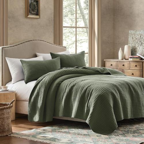 WDCOZY 100% Cotton King Size Quilt Set - Olive Green Striped Pick Stitch Soft Lightweight Bedspread, Textured Like Linen, Farmhouse Country Rustic Coverlet, Shabby Chic Gauze Bedding, 3 Pieces