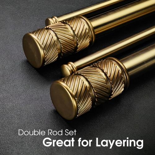 1-1/8 Inch Diameter Antique Gold Curtain Rods with Knurl Design Finial, 72-144 inch Telescoping Double Curtain Rods for window width 68-140 inch, Drapery Rods for Bedroom,Living Room