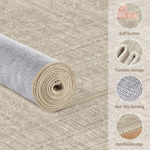 Large Round Rug Living Room: Washable Large Vintage Rug Neutral Non-Slip Soft Stain Resistant Indoor Carpet for Bedroom Nursery Dining Room Under Table Bed Home House Office Playroom - Brown