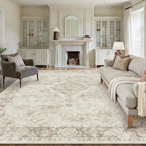 5x7 Area Rug Beige Washable Living Room Bedroom Carpet Vintage Distressed Non Slip Low Pile Thin Dining Room Home Office Nursery Medallion Accent Rug