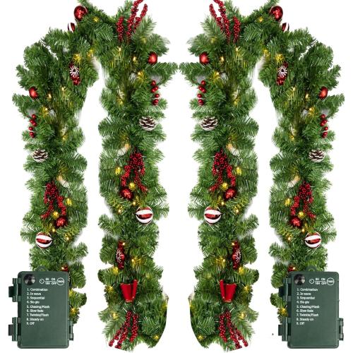 Nerosun 9FT Christmas Garland with 50LED Lights, 2 Pack Battery Operated Prelit Garland Christmas Decorations Timer 8 Mode, Artificial Outdoor Christmas Garland Greenery Pinecone for Indoor Decor