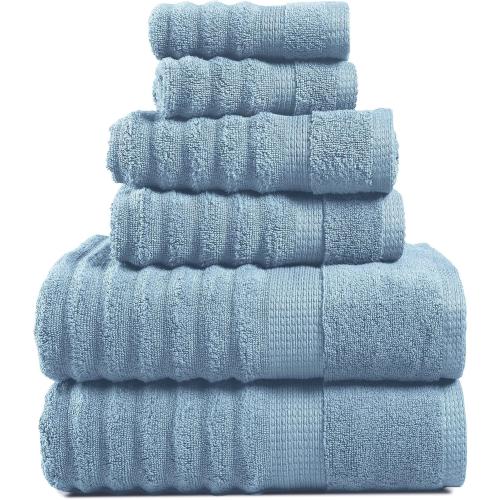 Cotton Bath Towels Set of 6 - Exclusive Zero Twist - Softer, Quick Dry & Absorbent - 2 Bath, 2 Washcloths, 2 Hand Towels for Bathroom - Durable, Premium Quality & Ideal Gift for Him - Blue