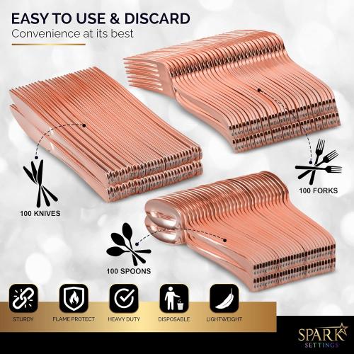 Heavy Duty Plastic Silverware Set - 300 Disposable Rose Gold Utensils (100 Forks, 100 Spoons & 100 Knives) for Party, Birthday, Wedding