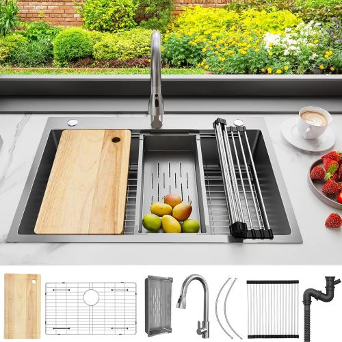 YITAHOME Drop In Kitchen Sink Workstation with Pull-down Faucet, 304 Stainless Steel Single Bowl Top Mount Sink w/Ledge & Accessories, Honeycomb Surface Design, 33 x 22 x 10 in, Silver