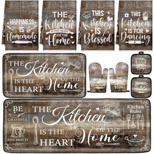 10 Pcs Farmhouse Kitchen Decor and Accessories Set 4 Kitchen Towels 2 Pot Holders 2 Oven Mitts 2 Rugs for Cooking Baking Mom Housewarming Gifts(Brown Gray,Classic Style)