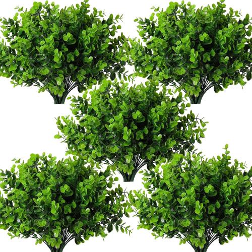 RECUTMS 8 Bundles Artificial Bushes Greenery Plants Stems Faux Shrubs Boxwood Plants Outdoor UV Resistant Fake Eucalyptus for Farmhouse Home Office Wedding Patio Backyard Indoor Outdoor Decor(Green)