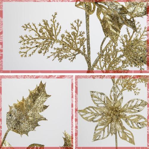 6 Pcs Christmas Tree Picks 25 Inch Glitter Christmas Flowers Poinsettia Glitter Christmas Picks Sprays with Flowers Holly Leaves Pine Needles for Xmas Tree Ornaments Fireplace Wreath - Champagne