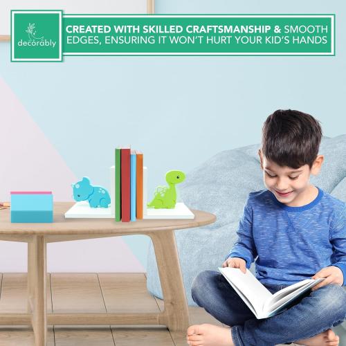 Decorably Dinosaur Book Ends for Shelves - 1 Set Non-Skid Wooden Dinosaur Book Holder, Kids Bookends for Shelves, Baby's Nursery, Classroom