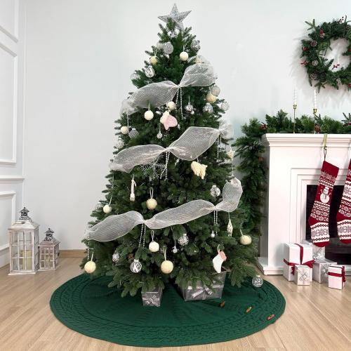 60-Inch Cable Sweater Knit Christmas Tree Skirt with Wooden Toggles, Forest Green
