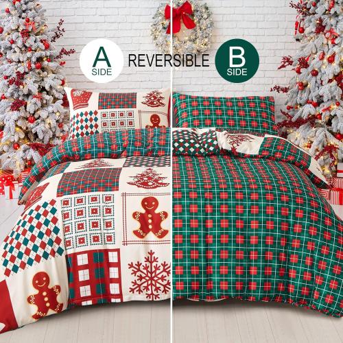 Dobuyly Christmas DuveSet Queen Christmas Tree Snowflake Bell Pattern Patchwork Bedding Set Reversible Red Green Plaid Xmas Comforter Cover with 2 Pillowcases