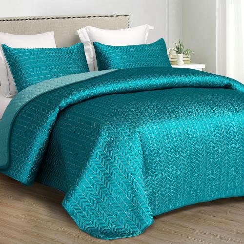 Whale Flotilla Silky Soft Satin Quilts Queen Size, Luxury Reversible Lightweight Bedspreads Covelets for All Seasons, Leaf Stitched Pattern Bedding Set with Satin Pillowcases, Turquoise