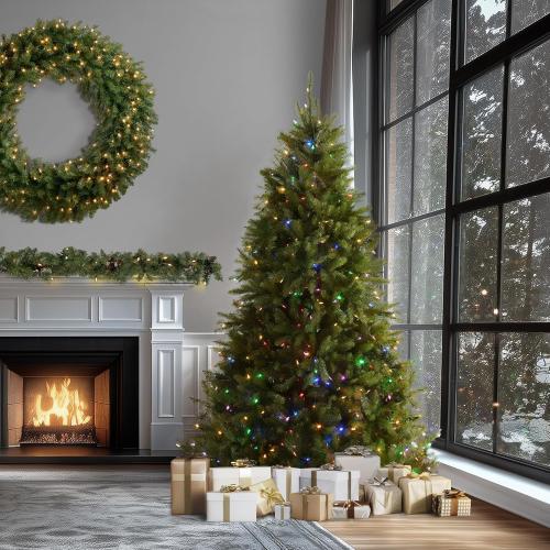 National Tree Company 9 ft Pre-Lit Dunhill Fir Artificial Christmas Tree, 900 LED Lights, 4,026 Tips, Foot Pedal, 10 Light Functions, Includes Stand, Green