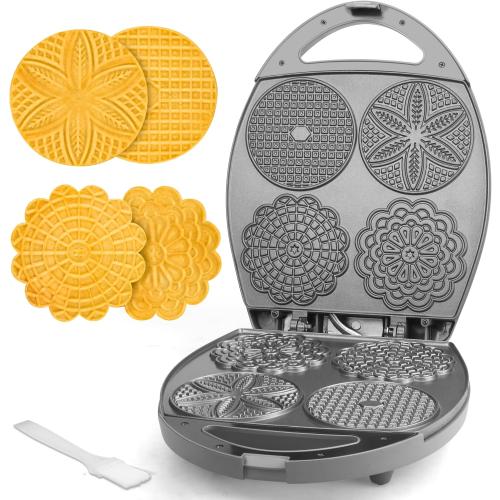 Baker's Friend Multi Pizzelle Maker Electric, Stroopwafel Iron, 4 x 4.5'' Pizzelle Waffle Cookies Maker with Temperature Control, Ideal for Holidays, Parties & More, Great Choice for Gift, Graphite