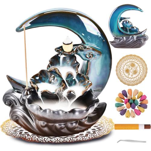 New Moon Backflow Incense Holder, Ceramic Hand-Made Incense Fountain Burner with 100 Backflow Incense Cones，Fragrance Incense Stick，Mat，Aromatherapy Home Decoration