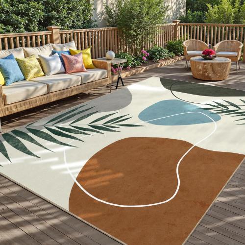 Size 8x10 Color White Indoor Outdoor Area Rug, Mid Century Outdoor Patio Rug, Washable Abstract Art Leaves Eucalyptus Rugs, Non-Slip Carpet for Camping, Living Room, Bedroom, Deck(8x10)