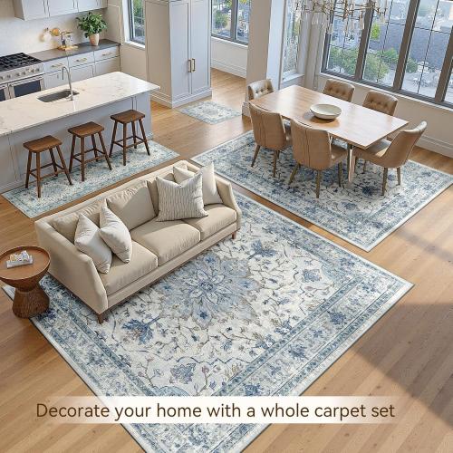 Area Rugs 8'x10' Washable Non-Slip, Floral Vintage Distress Print Pattern Medallion Carpet for Living Room Bedroom Dining Room, Light Blue Navy Beige Gray White