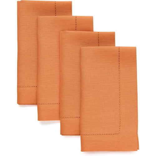 20x20 4 Pack Orange Solino Home Linen Napkins Set of 4 - Classic Hemstitch 100% Pure Linen Pumpkin Dinner Napkins Cloth 20 x 20 Inch for Fall, Autumn, Halloween, Thanksgiving - Handcrafted and Machine Washable
